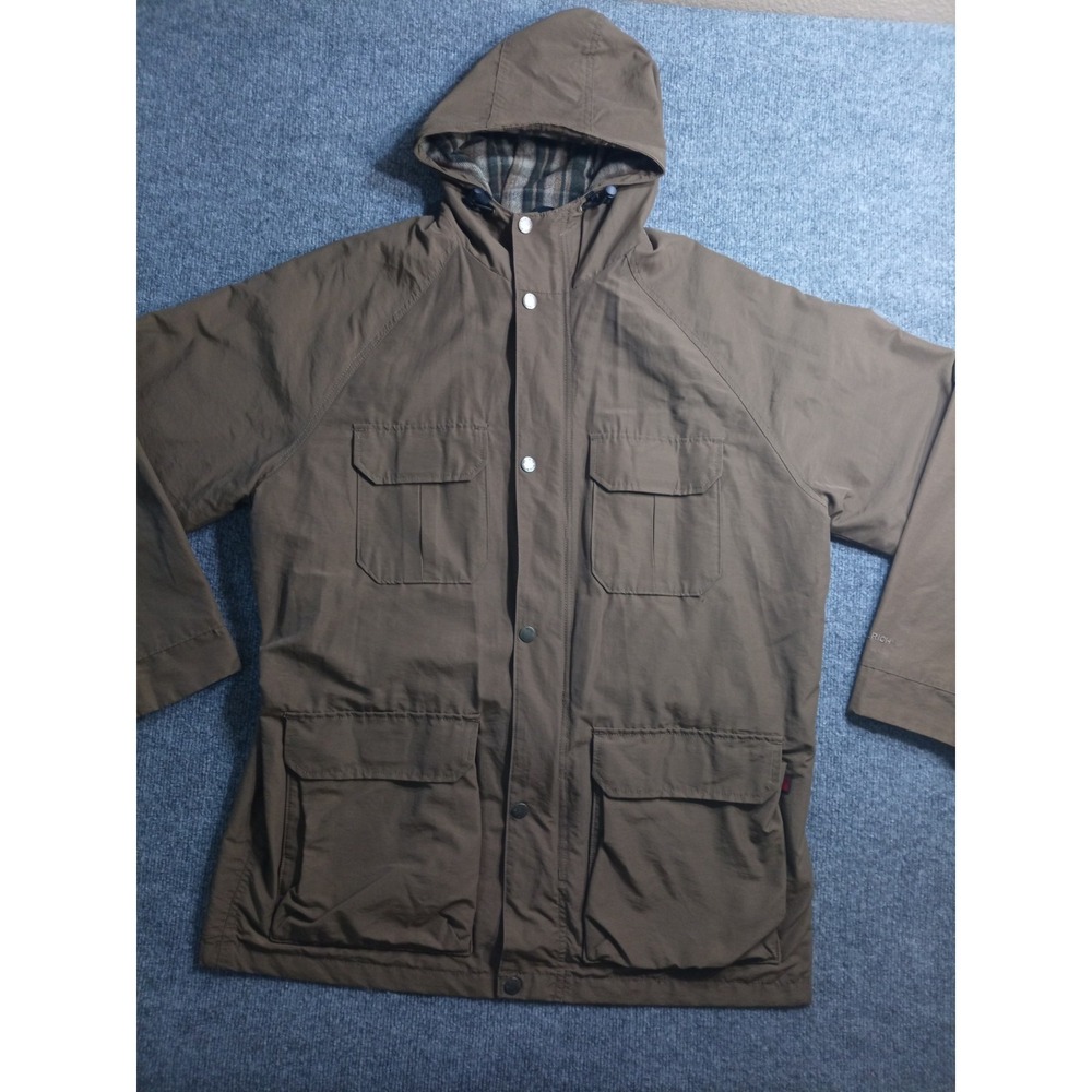 Woolrich Hooded Field Jacket Mens L Brown Plaid Lined Utility Parka Outdoor